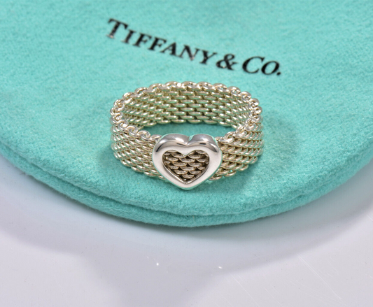 Size 5 Tiffany & Co Sterling Silver Heart Mesh Love Ring in Pouch Rare Lovely