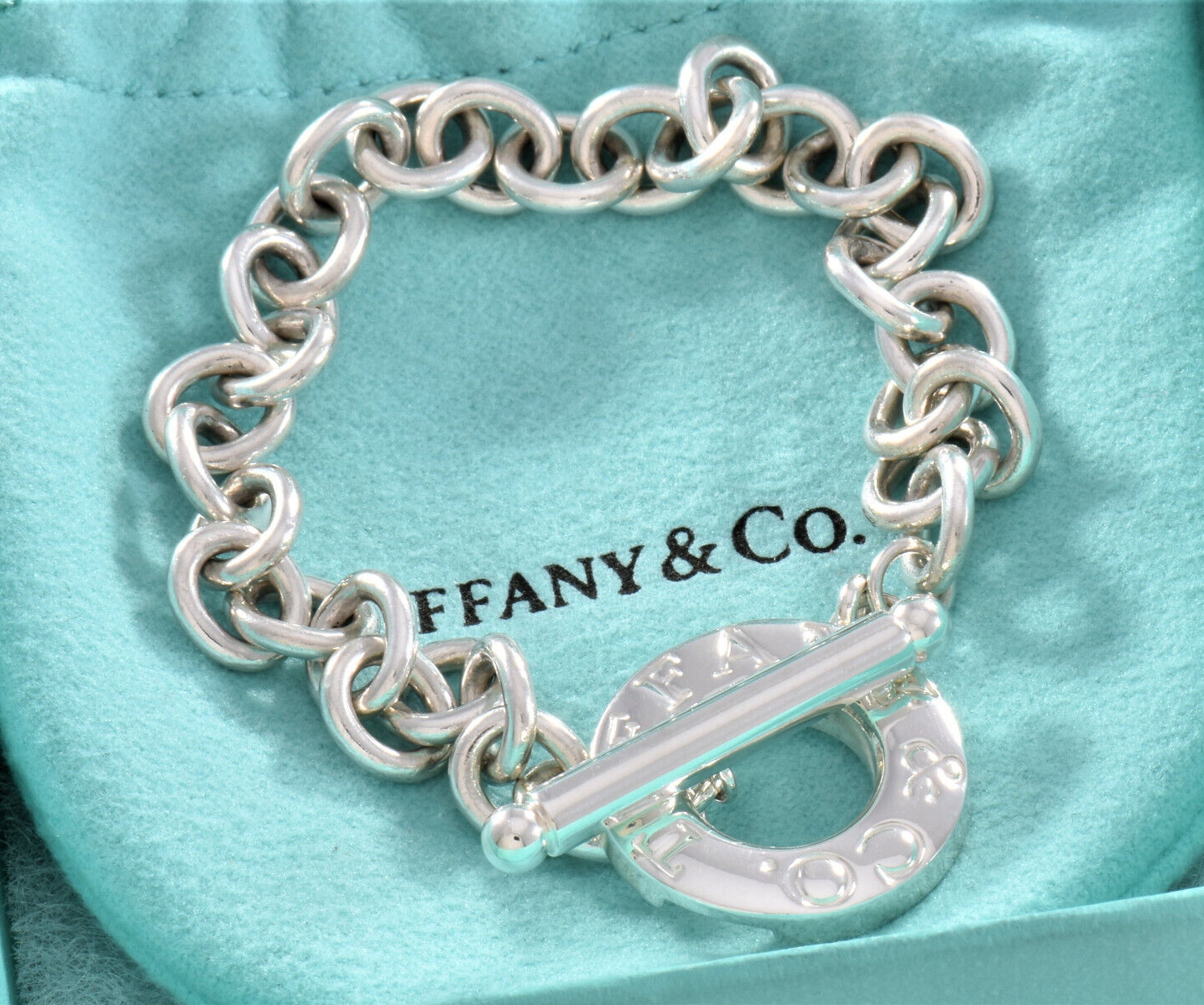 8" Tiffany & Co Sterling Silver Toggle Chain Link Charm Bracelet in Pouch Lovely