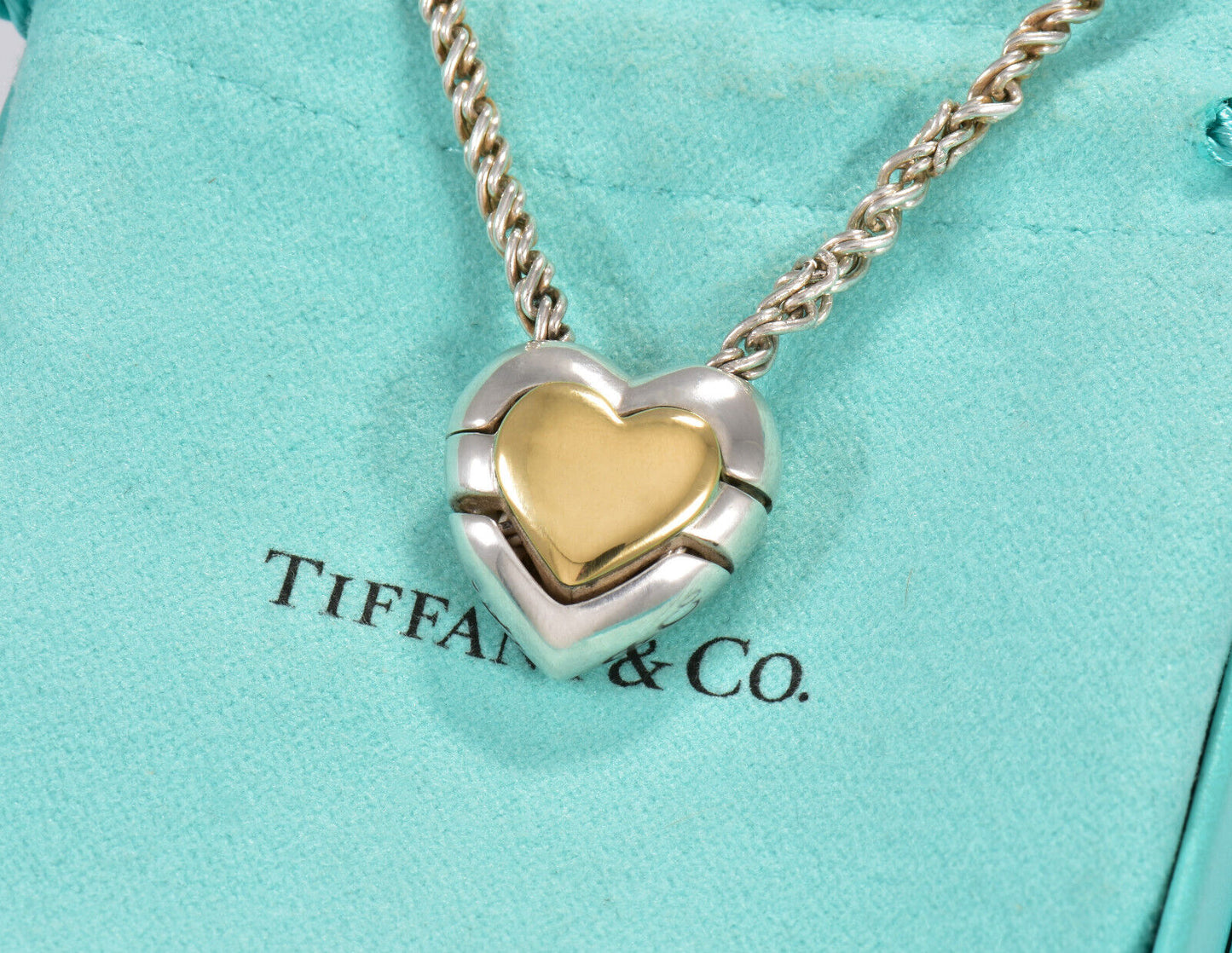 Vintage Tiffany & Co Italy Gold Silver Heart Puzzle Pendant Necklace Rare Rope