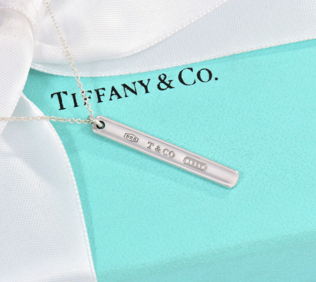 Tiffany & Co Sterling Silver 1837 Thin Bar Pendant Necklace in Box Pouch Ribbon