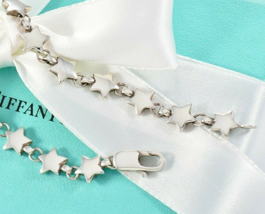 7.55 Vintage Tiffany & Co Sterling Silver Star Chain Link Bracelet in Pouch Rare