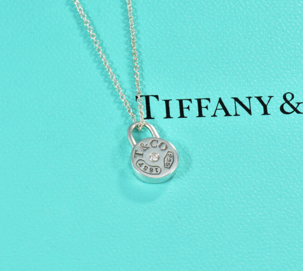 Tiffany & Co Diamond Silver 1837 Round Lock Circle Pendant 16" Necklace in Box