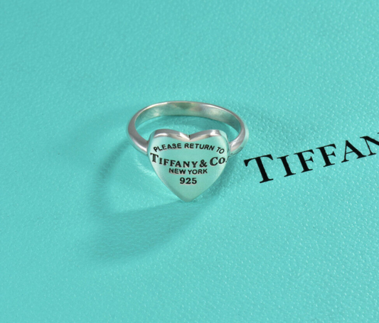 Size 7.5 Please Return To Tiffany & Co Silver Heart Signet Ring in Pouch Rare