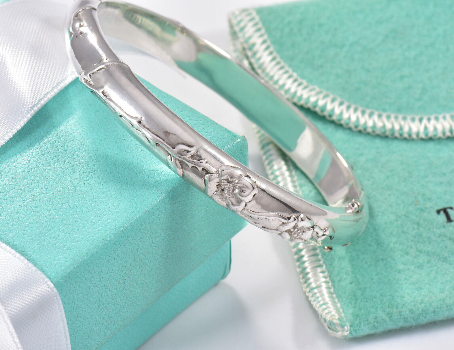 Tiffany & Co Silver Rose Flower Bangle Hinged Bracelet in Box Pouch Ribbon Rare