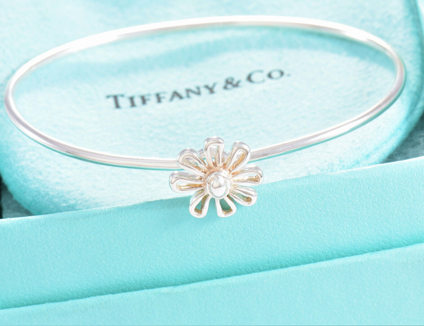 Boxed Tiffany & Co Silver Paloma Picasso Daisy Flower Charm Hook Bracelet Bangle