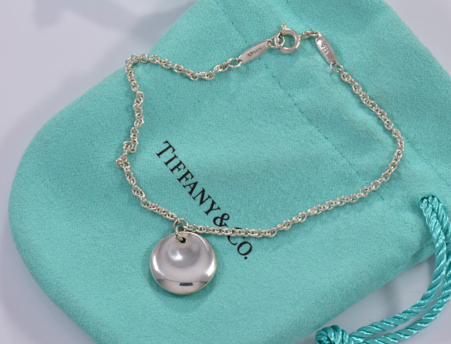 7.5" Tiffany & Co Silver Elsa Peretti Disk Charm Chain Bracelet in Pouch Rare