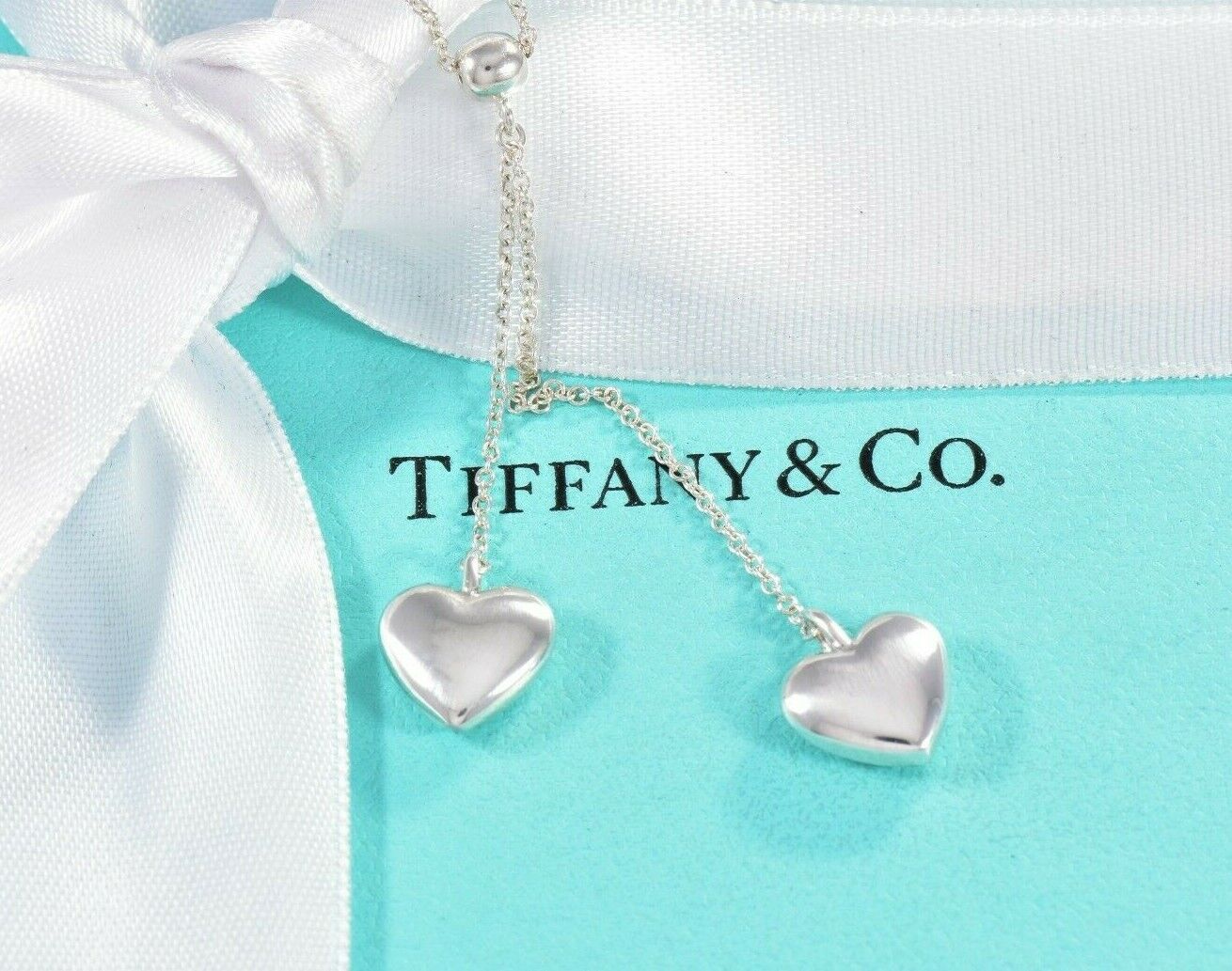 Boxed Tiffany & Co Silver Double Puff Heart Bead Drop Pendant Necklace Dangle