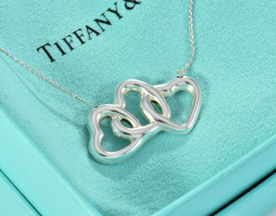 18.25" Vintage Tiffany & Co Silver Three Heart Pendant Fringe Necklace in Pouch