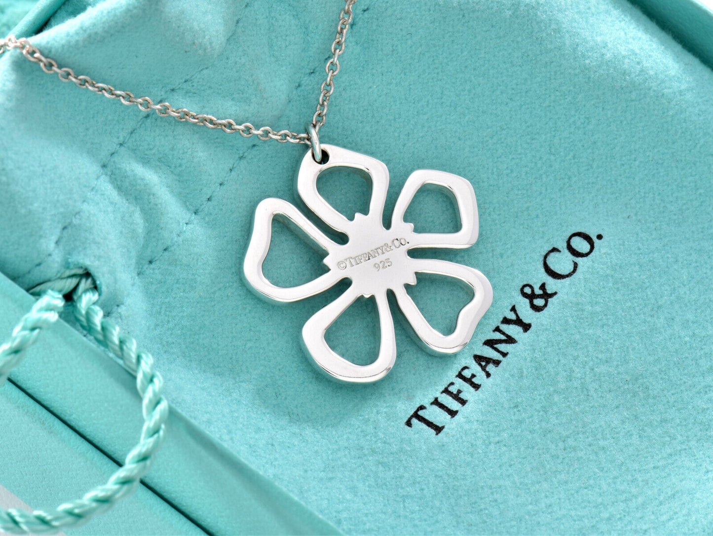 Tiffany & Co Silver Hibiscus Flower Pendant Necklace 16.25" in Box Pouch Ribbon