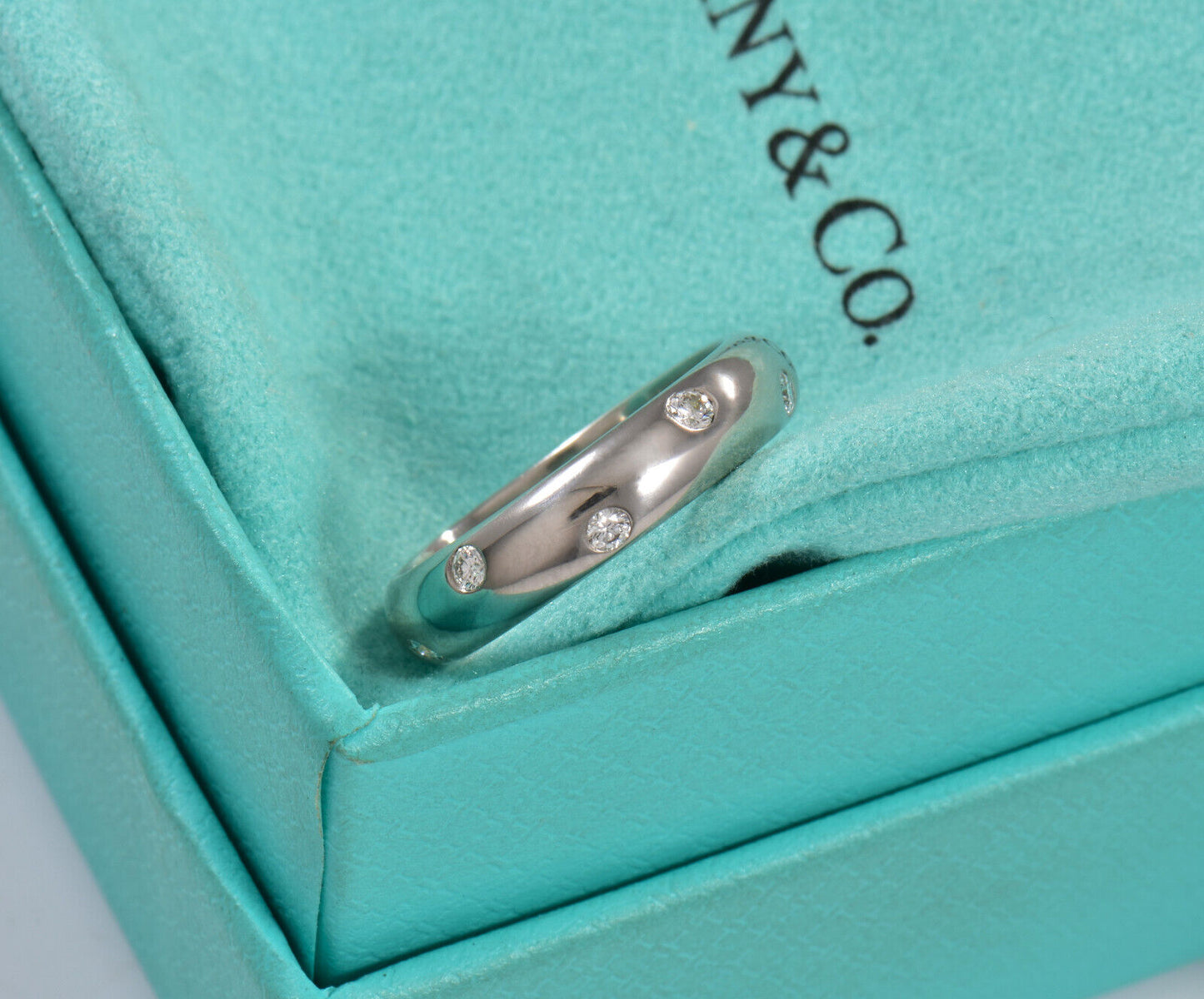 Size 4.25 $3200 Tiffany & Co Etoile Diamond Platinum Band Ring .22ct & Box Pouch