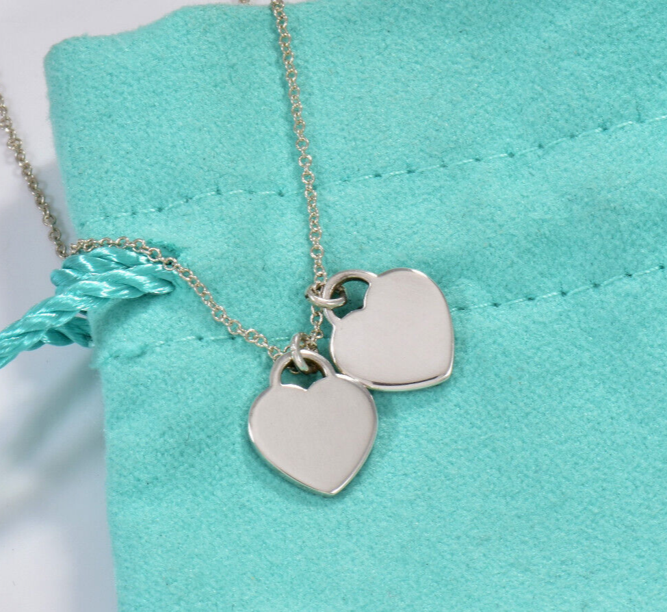 18.5" Please Return Tiffany & Co Silver Mini Double Heart Blue Enamel Necklace