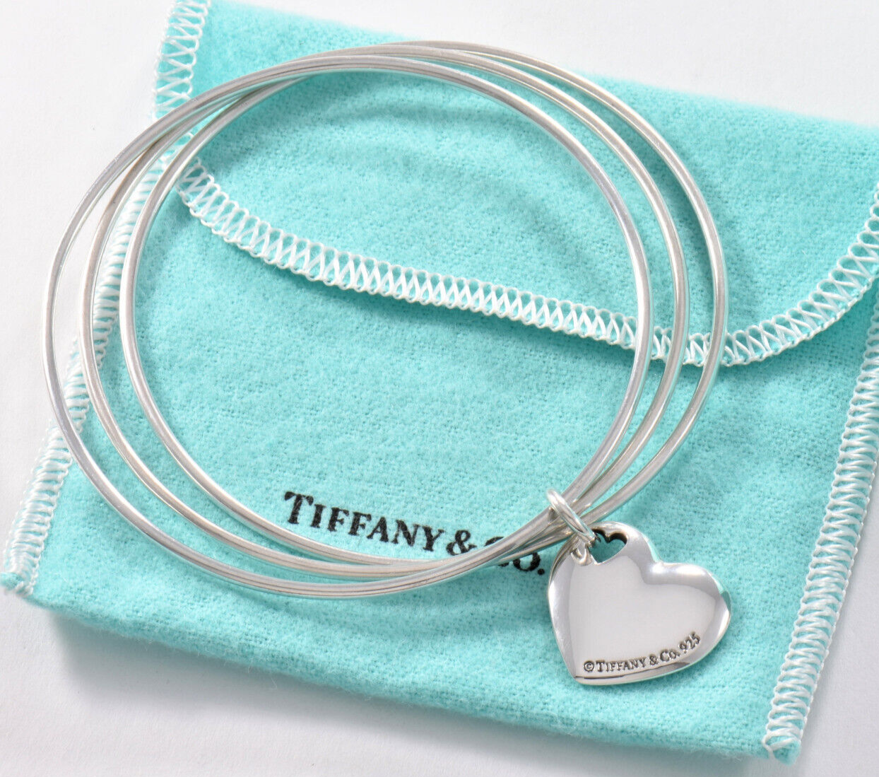 7.75" Boxed Tiffany & Co Silver Heart Stencil Charm Bracelet Wire Bangle Large