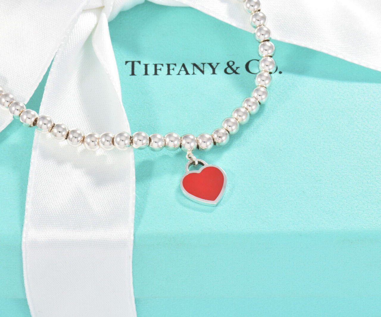 7" Please Return To Tiffany & Co Silver Red Enamel Heart Charm Bead Bracelet Box