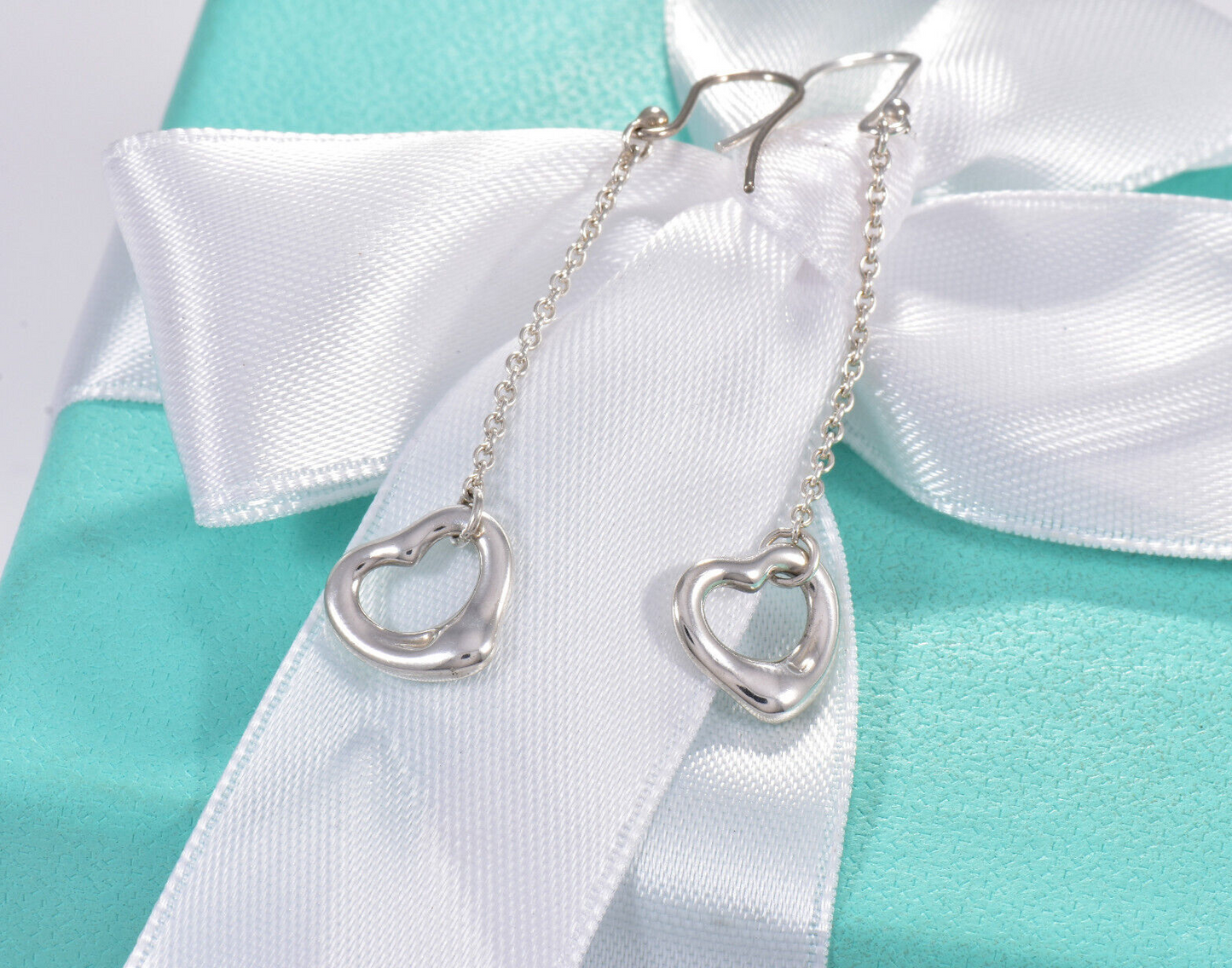 Tiffany & Co Silver Elsa Peretti Open Heart Drop Hook Earrings in Box Pouch Love