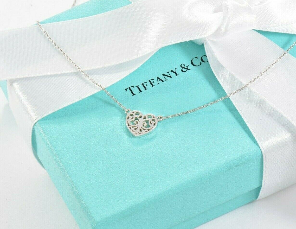 Tiffany & Co Silver Enchant Scroll Small Heart 16" Necklace in Pouch Rare Love