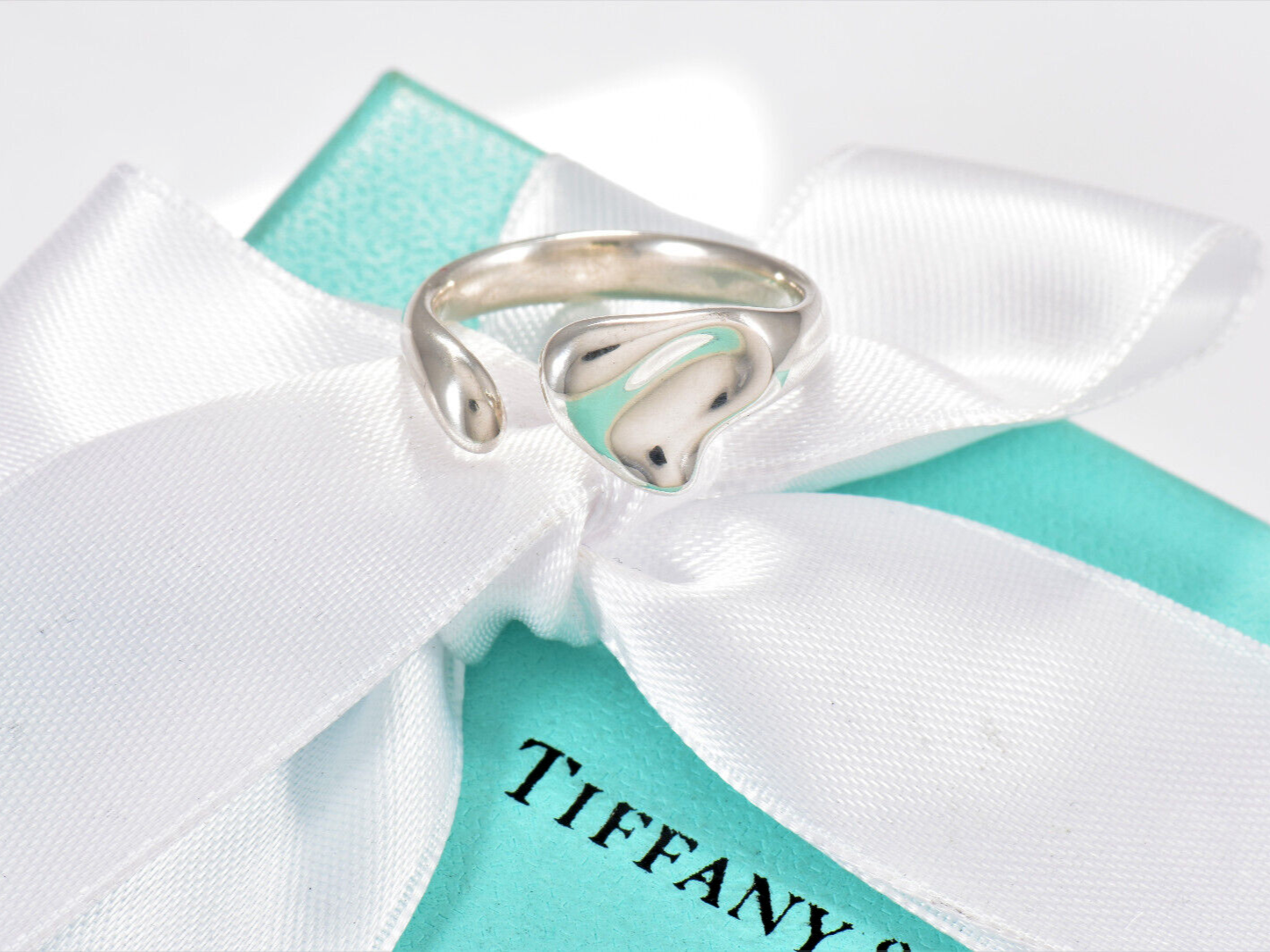 Size 7.5 Tiffany & Co Sterling Silver Elsa Peretti Full Heart Bypass Ring Pouch