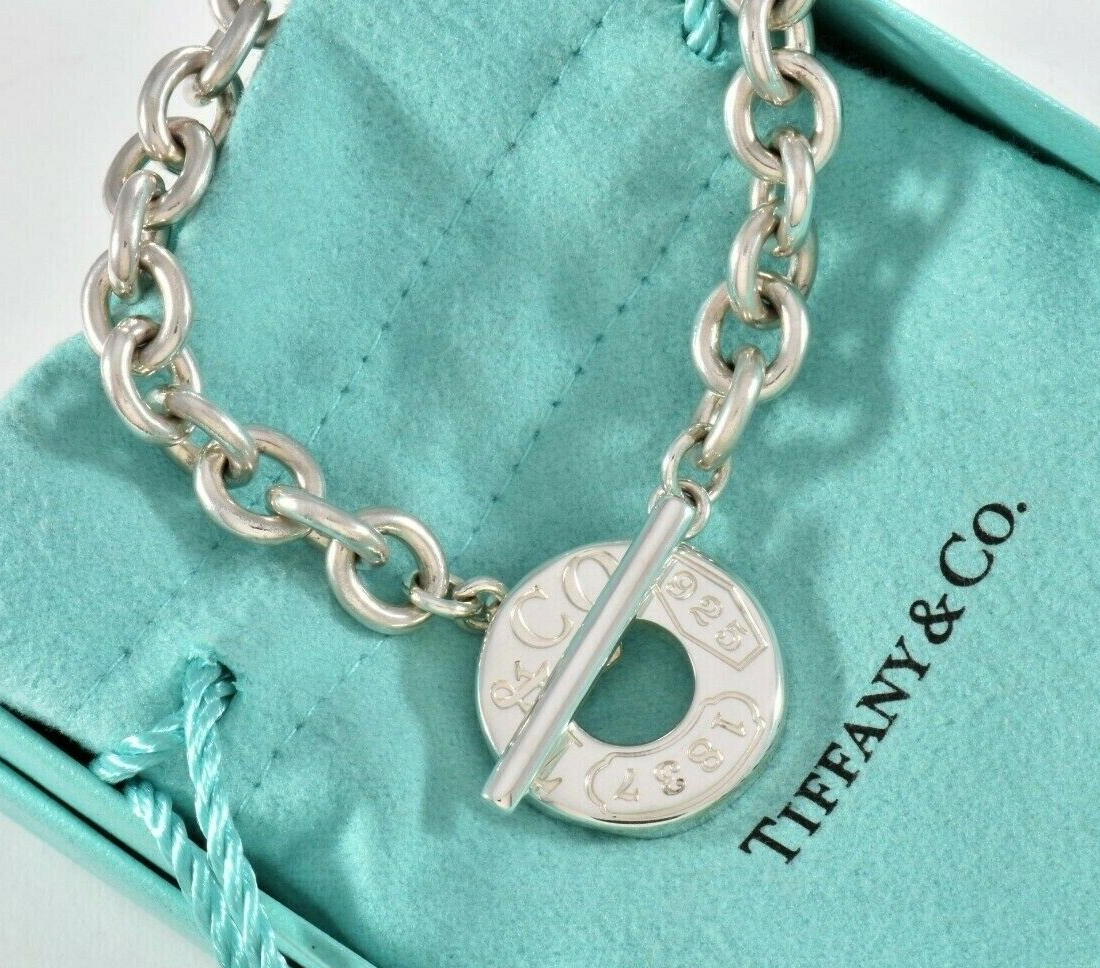 Tiffany & Co Sterling Silver 1837 Toggle Chain 7.5" Bracelet and Pouch Rare