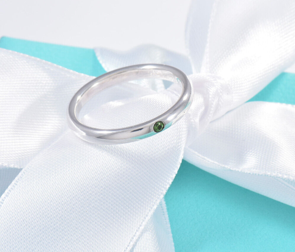 Tiffany & Co Silver Elsa Peretti Green Emerald Stack Ring Size 5.5 in Box Rare