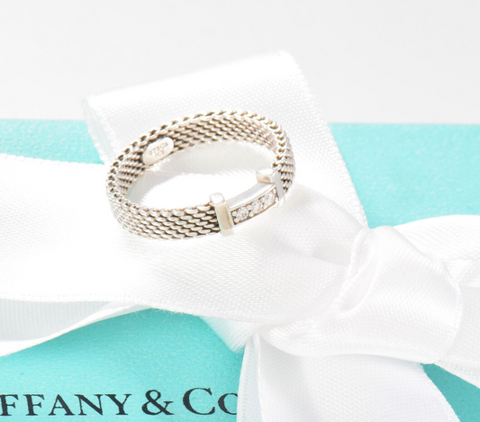 Size 6 Tiffany & Co 3 Diamond Silver Somerset Mesh Narrow Band Ring in Box Pouch