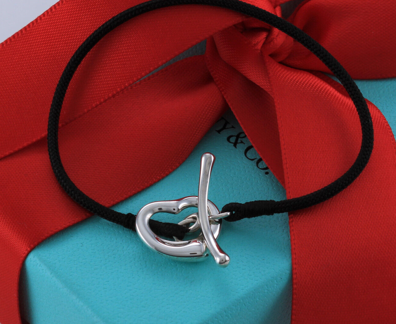 7.25" Tiffany & Co Silver Elsa Peretti Open Heart Silk Toggle Bracelet Box Pouch