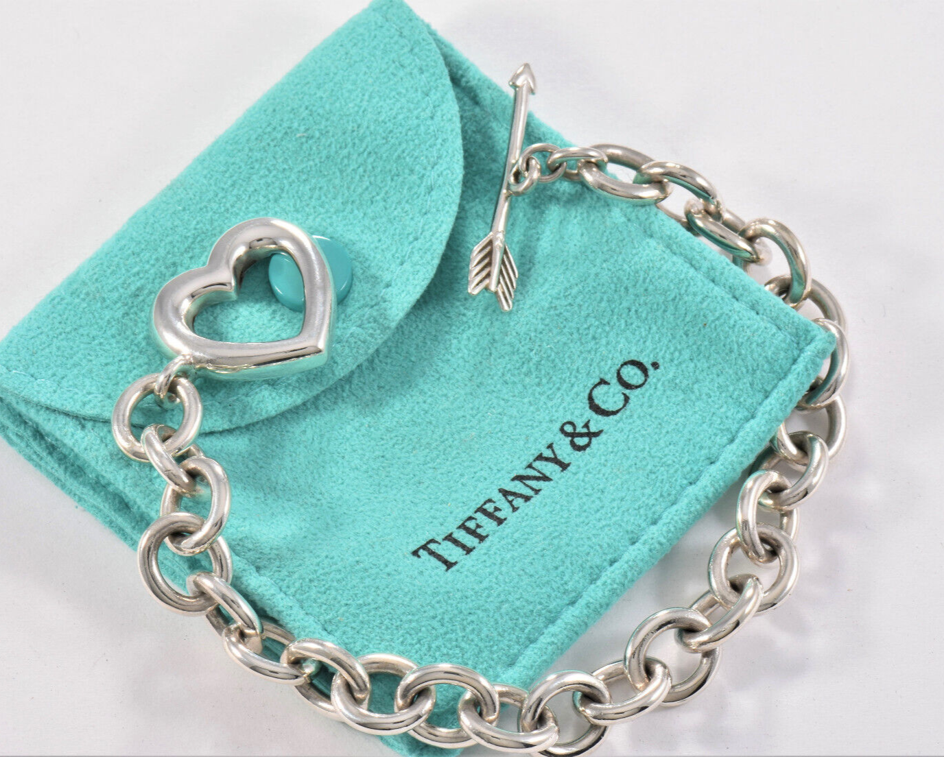 Vintage Tiffany & Co Sterling Silver Heart Arrow Toggle Chain Bracelet in Pouch