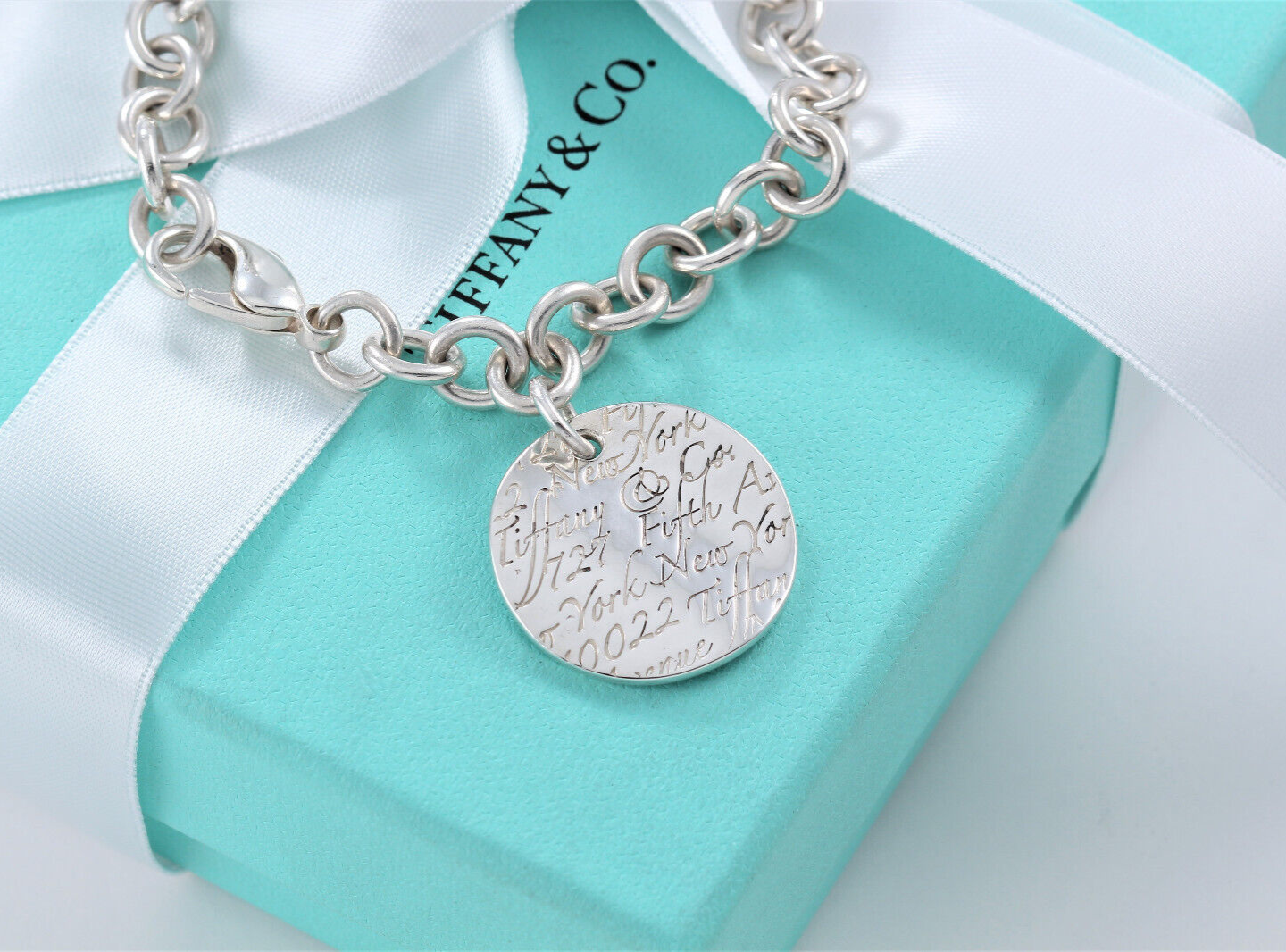 8.2" Tiffany & Co Silver NY Round Wavy Address Notes Tag Charm Chain Bracelet XL