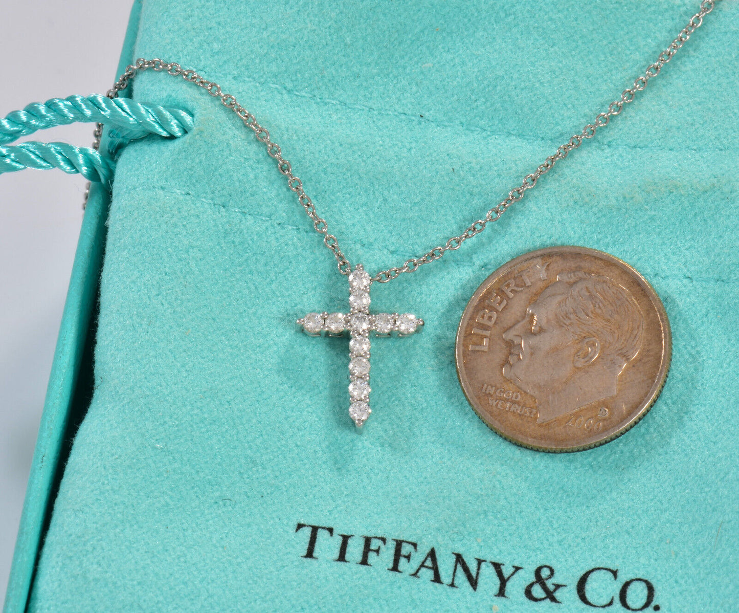 Tiffany & Co .21ct Diamond Platinum Cross Pendant 16.25" Necklace in Box Pouch