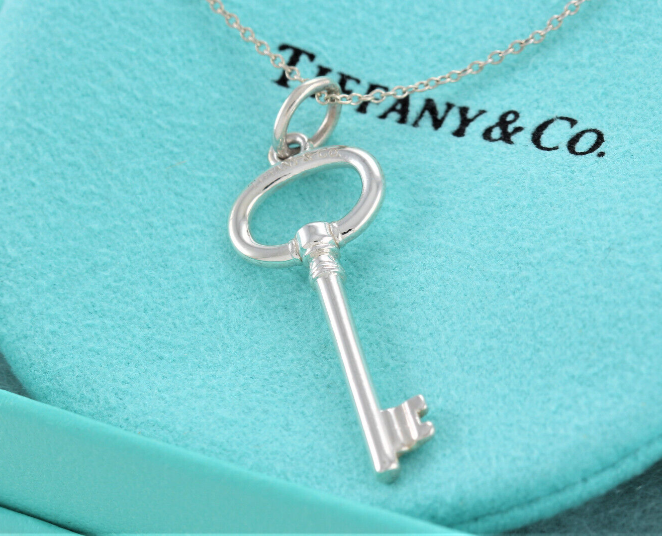 Tiffany & Co Sterling Silver 1.5" Oval Key Pendant 18.25" Chain Necklace in Box