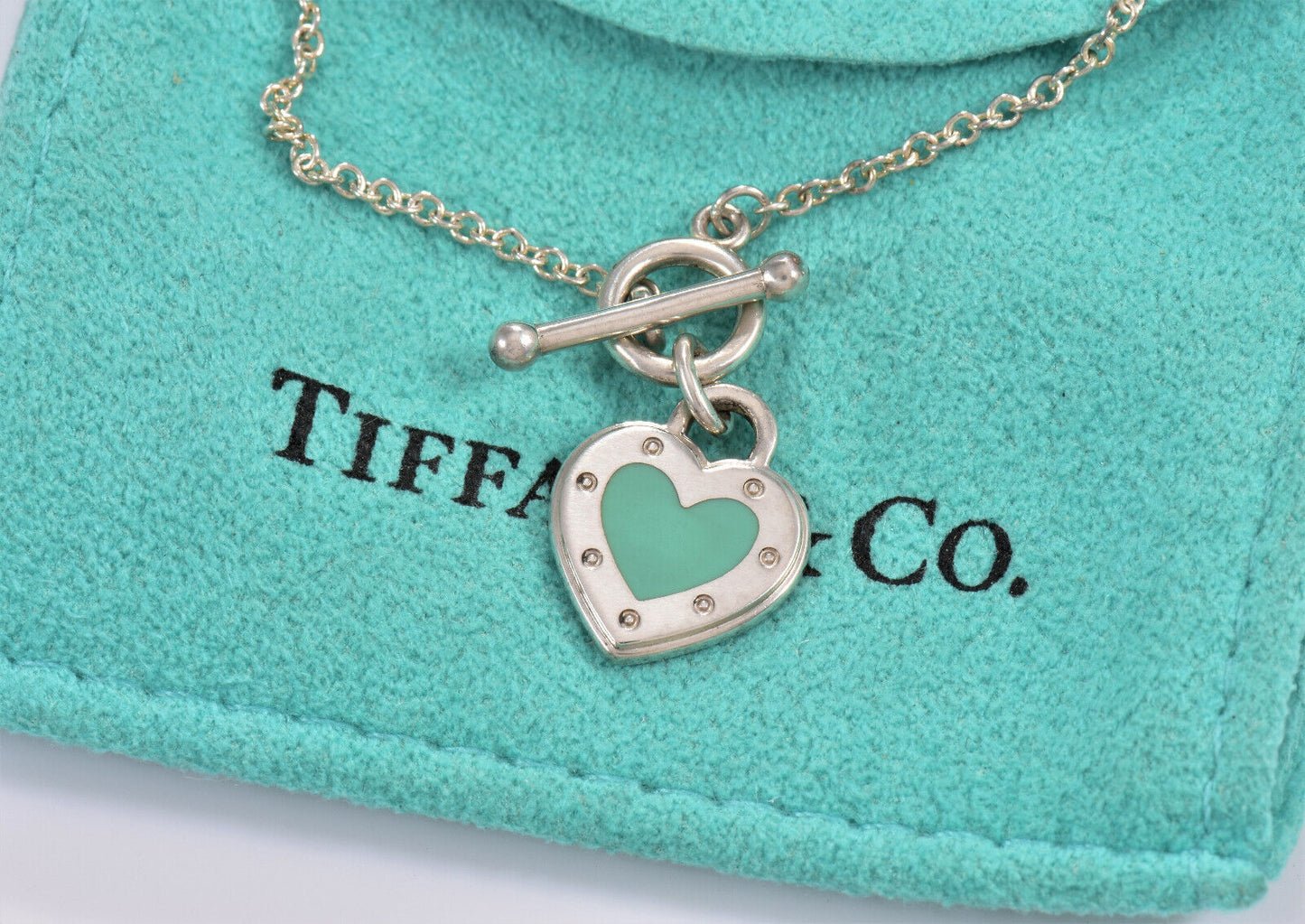 Return To Tiffany & Co Silver Blue Enamel Heart Charm Toggle 6.25" Bracelet Rare