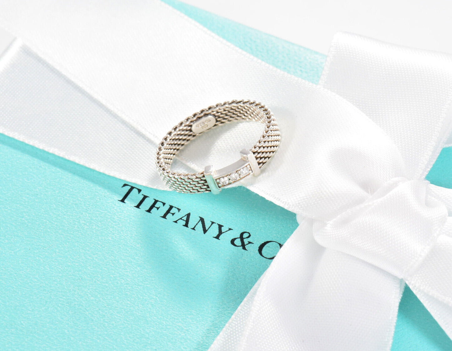 Size 6 Tiffany & Co 3 Diamond Silver Somerset Mesh Narrow Band Ring in Box Pouch