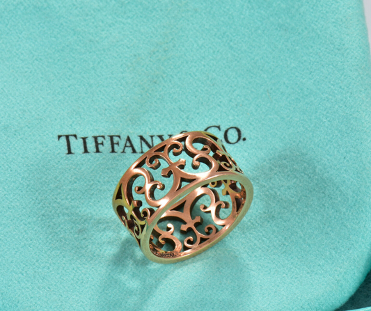 Size 4.5 Tiffany & Co Rubedo Gold Metal Enchant Scroll Wide Band Ring in Pouch