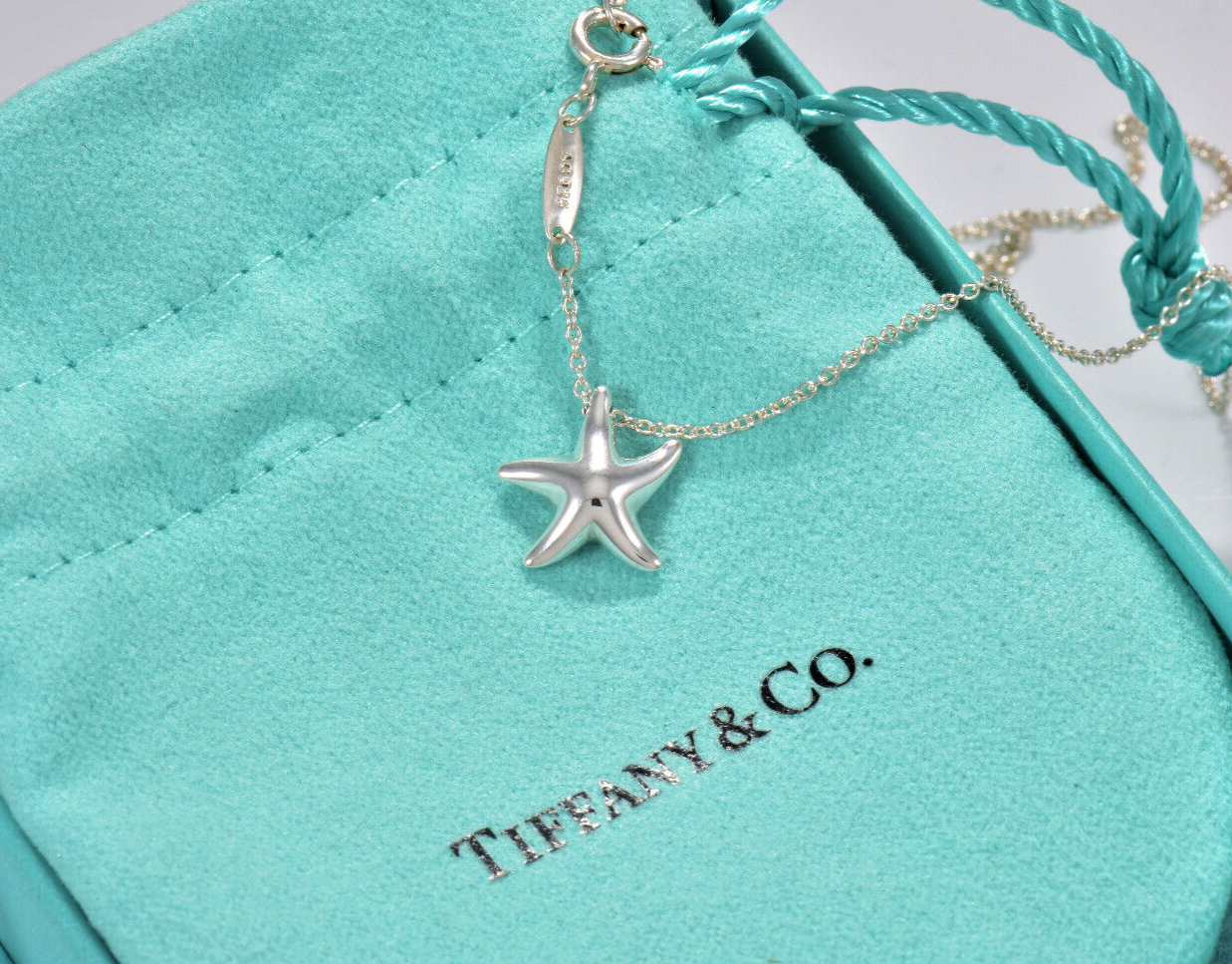 17" Tiffany & Co Silver Elsa Peretti Small Starfish Pendant Necklace in Pouch