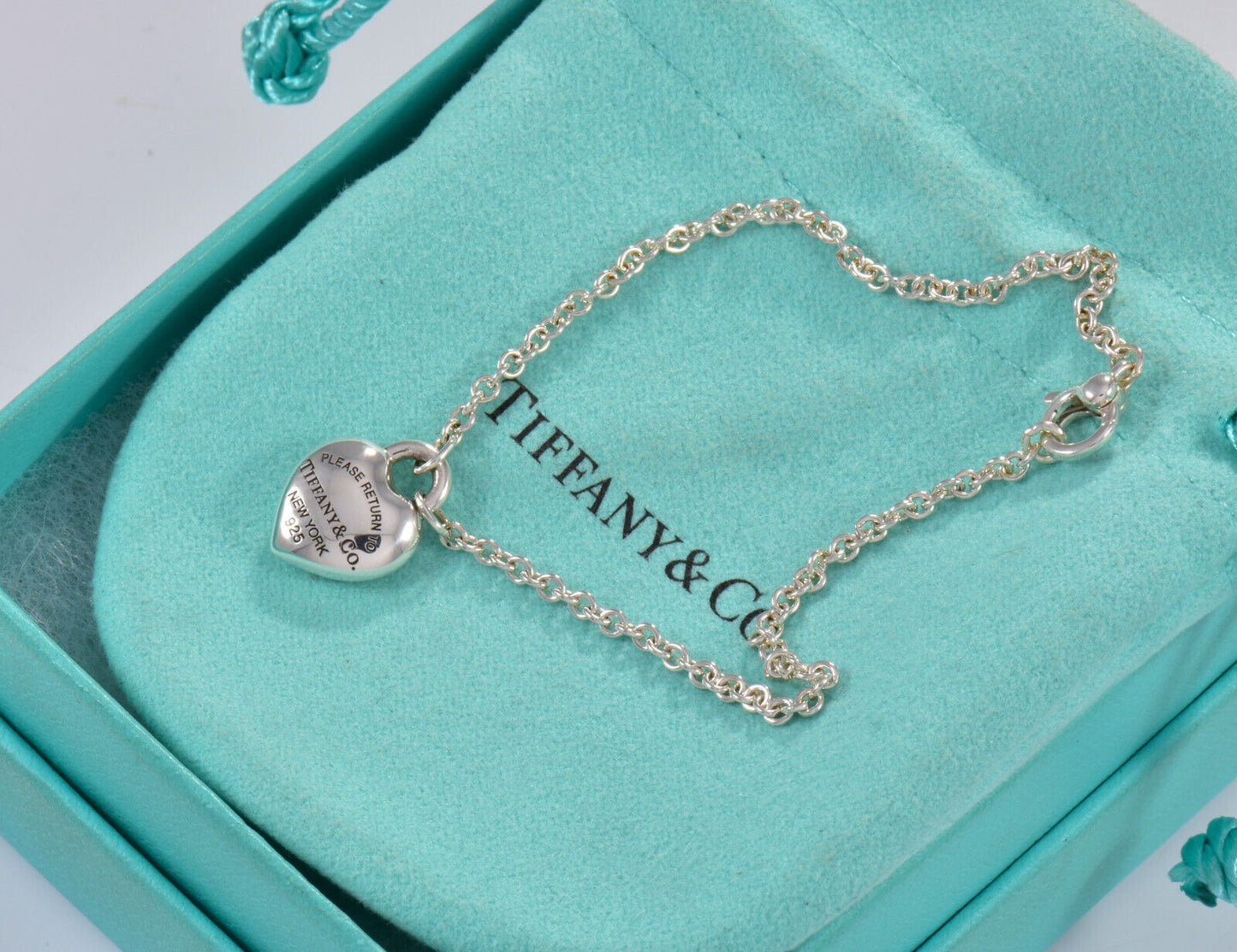 7" Please Return To Tiffany & Co Silver Full Heart Bracelet in Box Pouch Ribbon