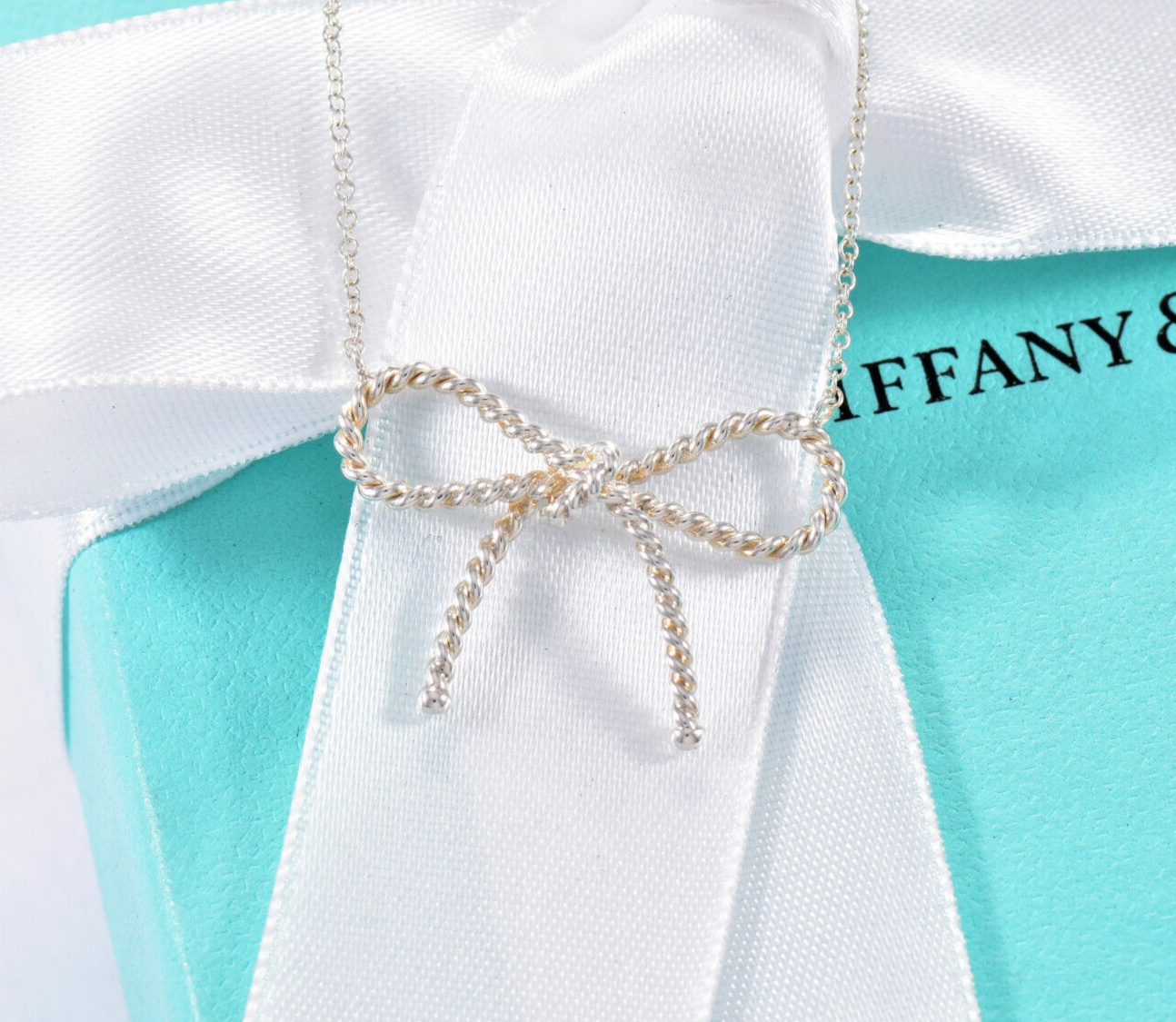 Tiffany & Co Silver Large Rope Ribbon Bow Pendant 16.75" Necklace in Box Pouch