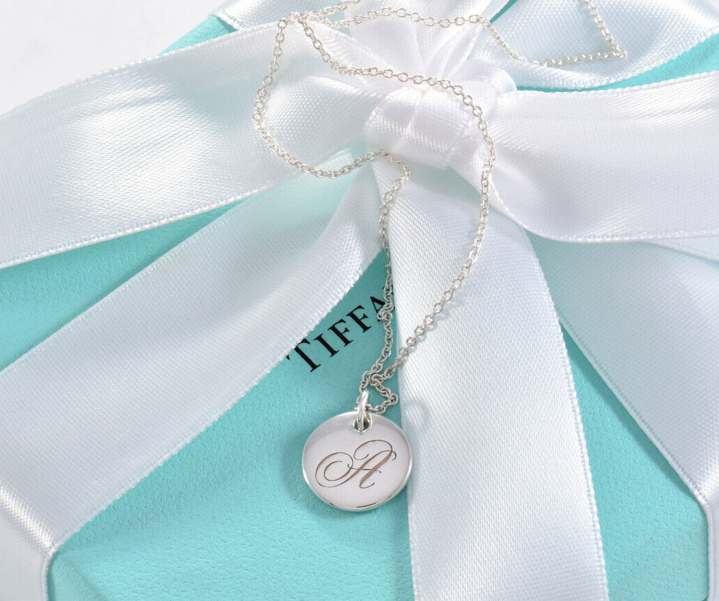 Tiffany & Co Silver Letter A Cursive Circle Pendant 17" Necklace in Box Pouch