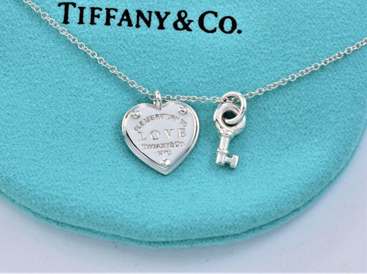 Please Return To Love Tiffany & Co Silver Heart Key Pendant Necklace & Box Pouch