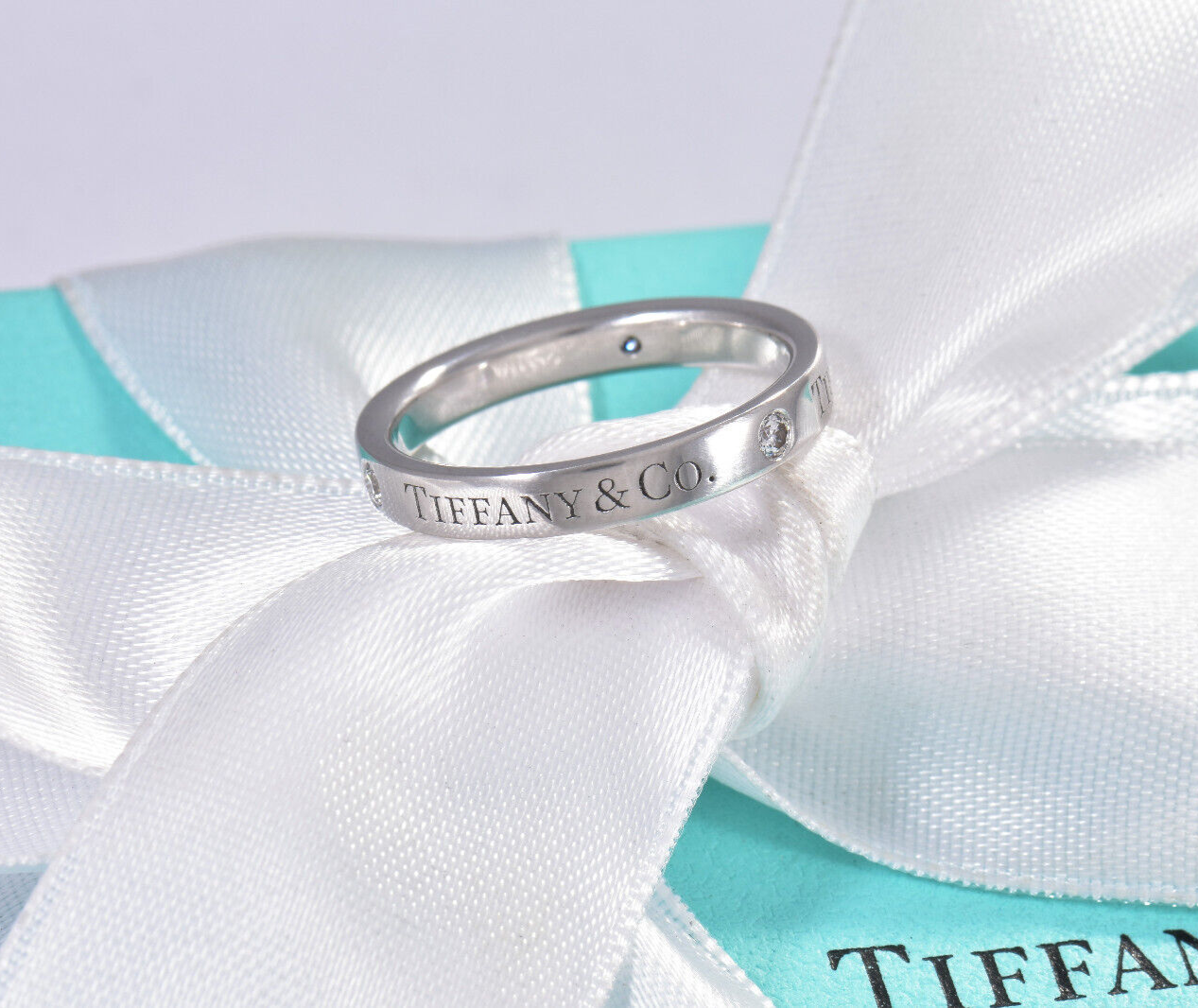 Size 8 Tiffany & Co Diamond Platinum Band 3mm Ring in Box Pouch .07 ct Classic