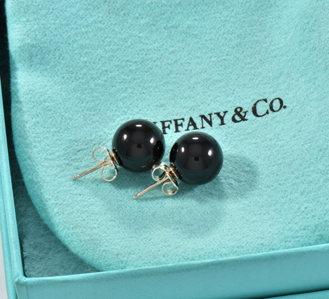 Tiffany & Co Sterling Silver Black Onyx 10mm Bead Ball Stud Earrings in Box Rare