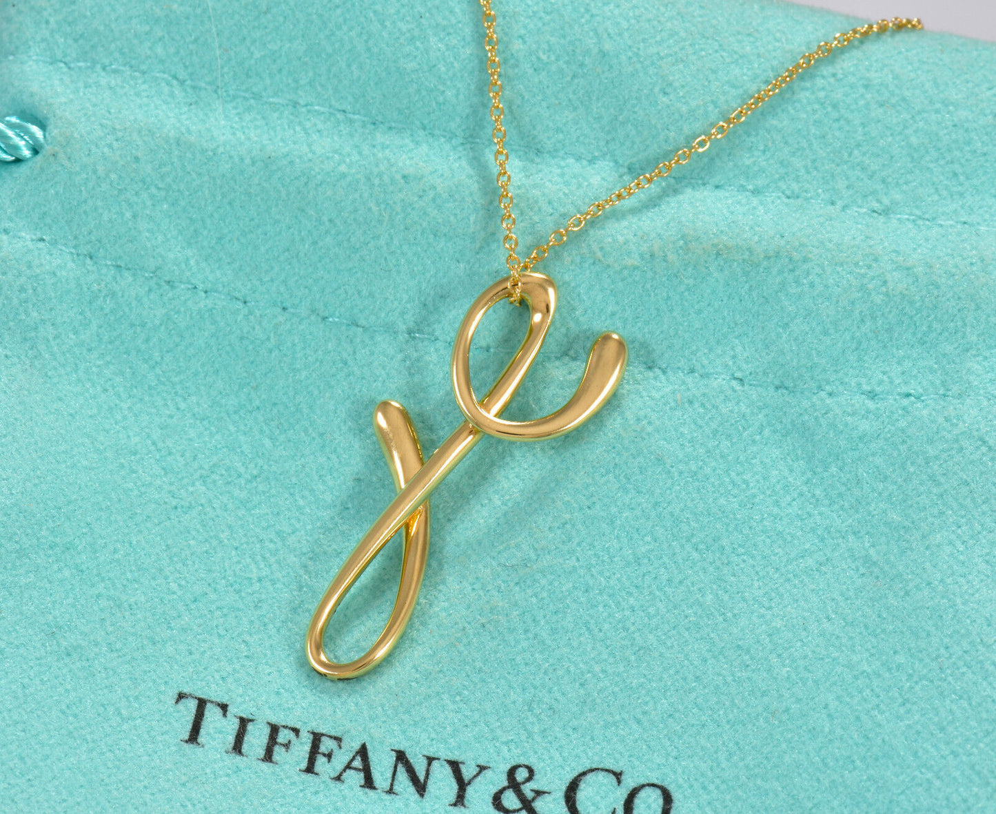 Tiffany & Co 18K Yellow Gold Elsa Peretti Letter Y Pendant 16" Necklace in Box