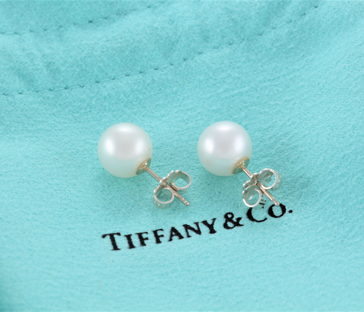 Tiffany & Co Silver Ziegfeld Pearl 9mm Bead Earrings in Box Pouch Ribbon Lovely