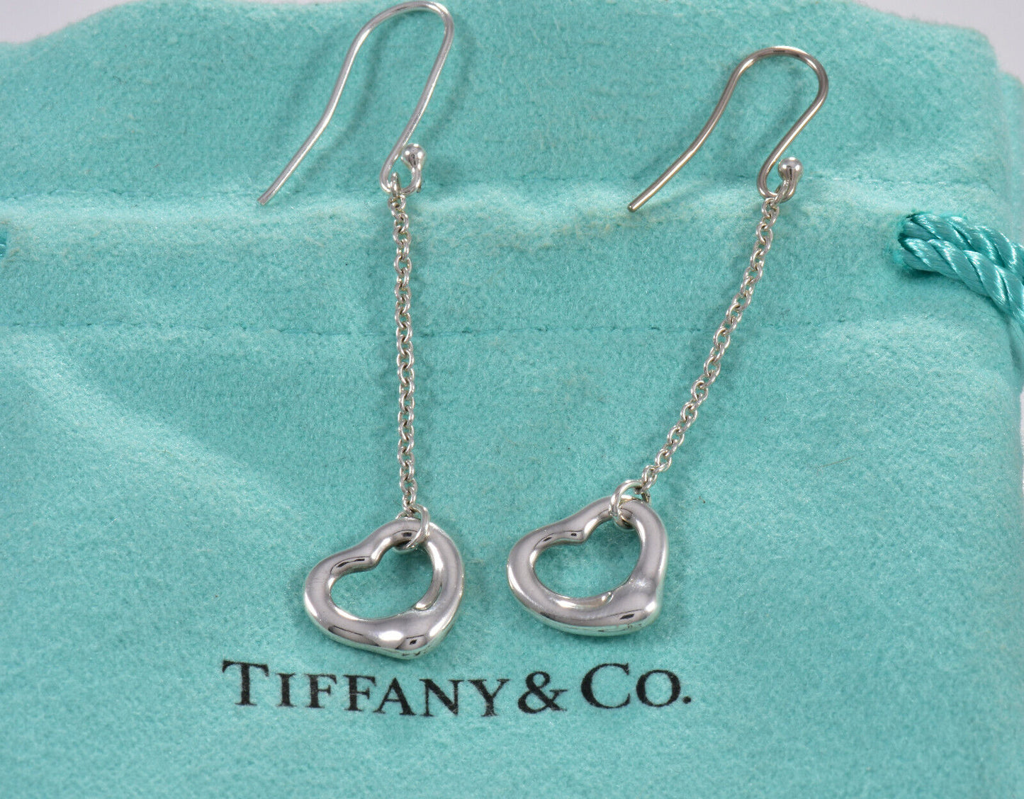 Tiffany & Co Silver Elsa Peretti Open Heart Drop Hook Earrings in Box Pouch Love