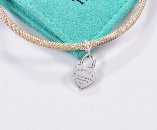 Please Return Tiffany & Co Silver Dangling Heart Lock Charm Mesh Cuff Bracelet