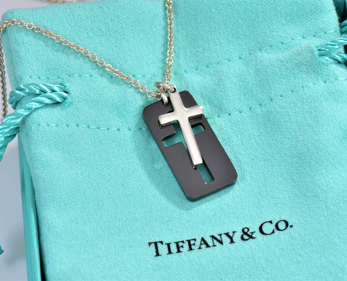 Tiffany & Co Silver Black Titanium Cross Pendant 20" Necklace in Pouch Rare Mens