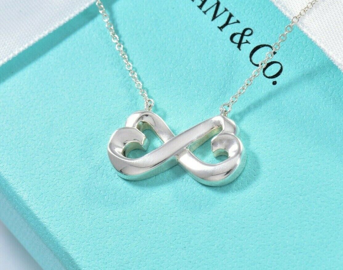 19" Tiffany & Co Paloma Picasso Double Loving Heart Infinity Necklace in Pouch