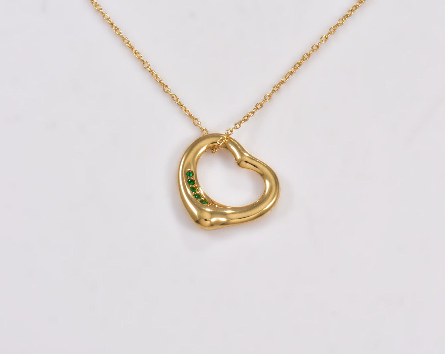 Tiffany & Co Emerald 18K Gold Elsa Peretti Open Heart Pendant 19.25" Necklace