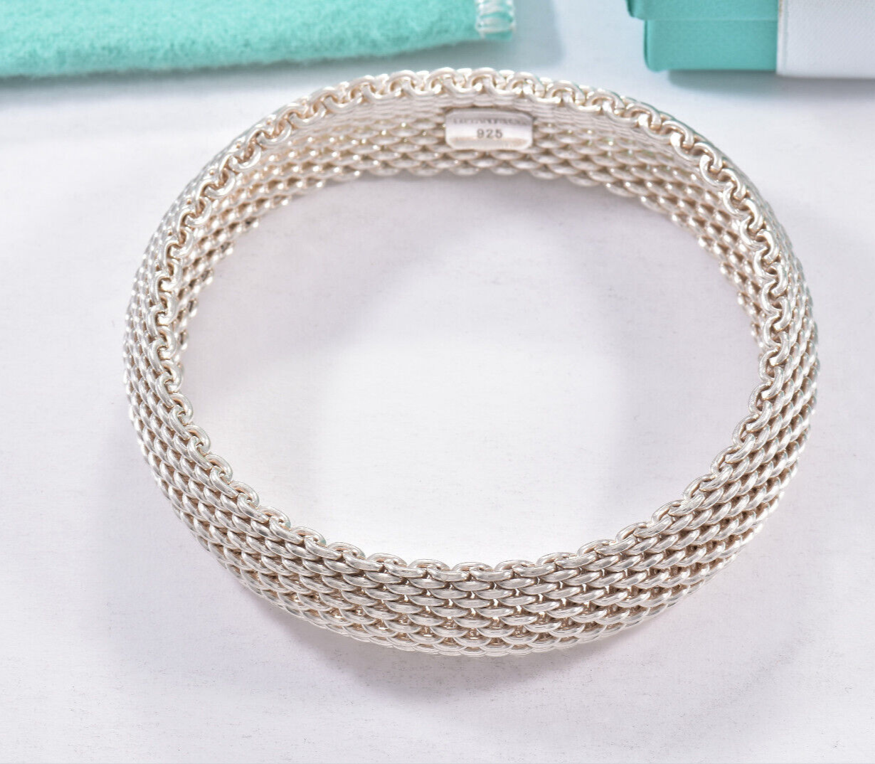 7.4” Tiffany & Co Silver Somerset Mesh Dome Bangle Bracelet in Box Pouch Ribbon