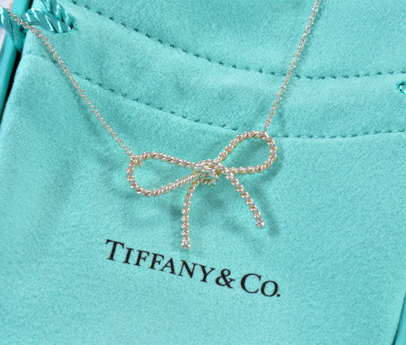 Tiffany & Co Silver Large Rope Ribbon Bow Pendant 16.75" Necklace in Box Pouch