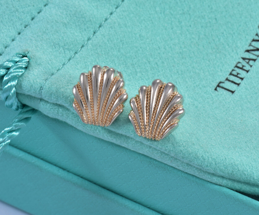 Vintage Tiffany & Co 14K Gold Silver Sea Shell Braid Swirl Earrings & Pouch Rare