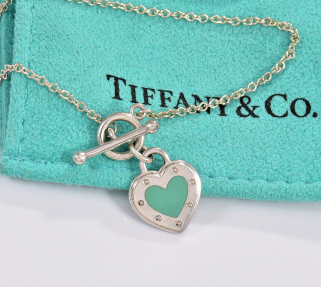 6.75" Return To Tiffany & Co Silver Blue Enamel Heart Charm Toggle Bracelet Box