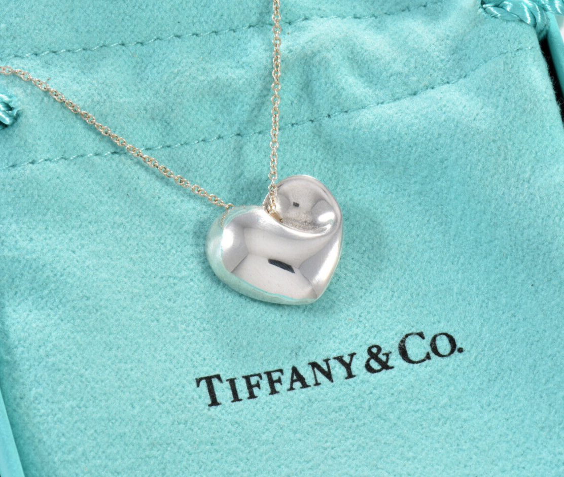 Tiffany & Co Sterling Silver Carved Full Puff Heart Pendant Necklace in Pouch